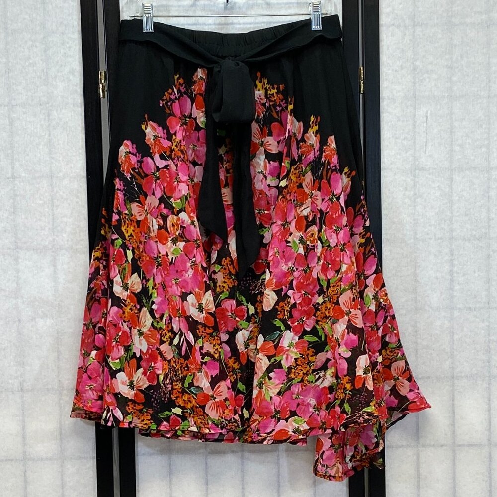 Mix Nouveau Floral Chiffon Midi Skirt L Pink Black Stretch Waist Sheer Boho